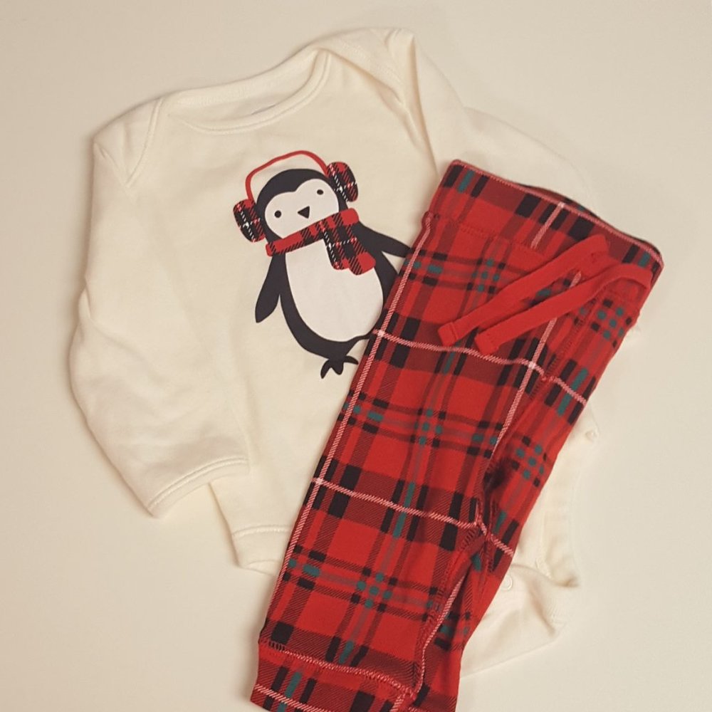 Old Navy Winter Penguin Red Plaid Onesie Set
